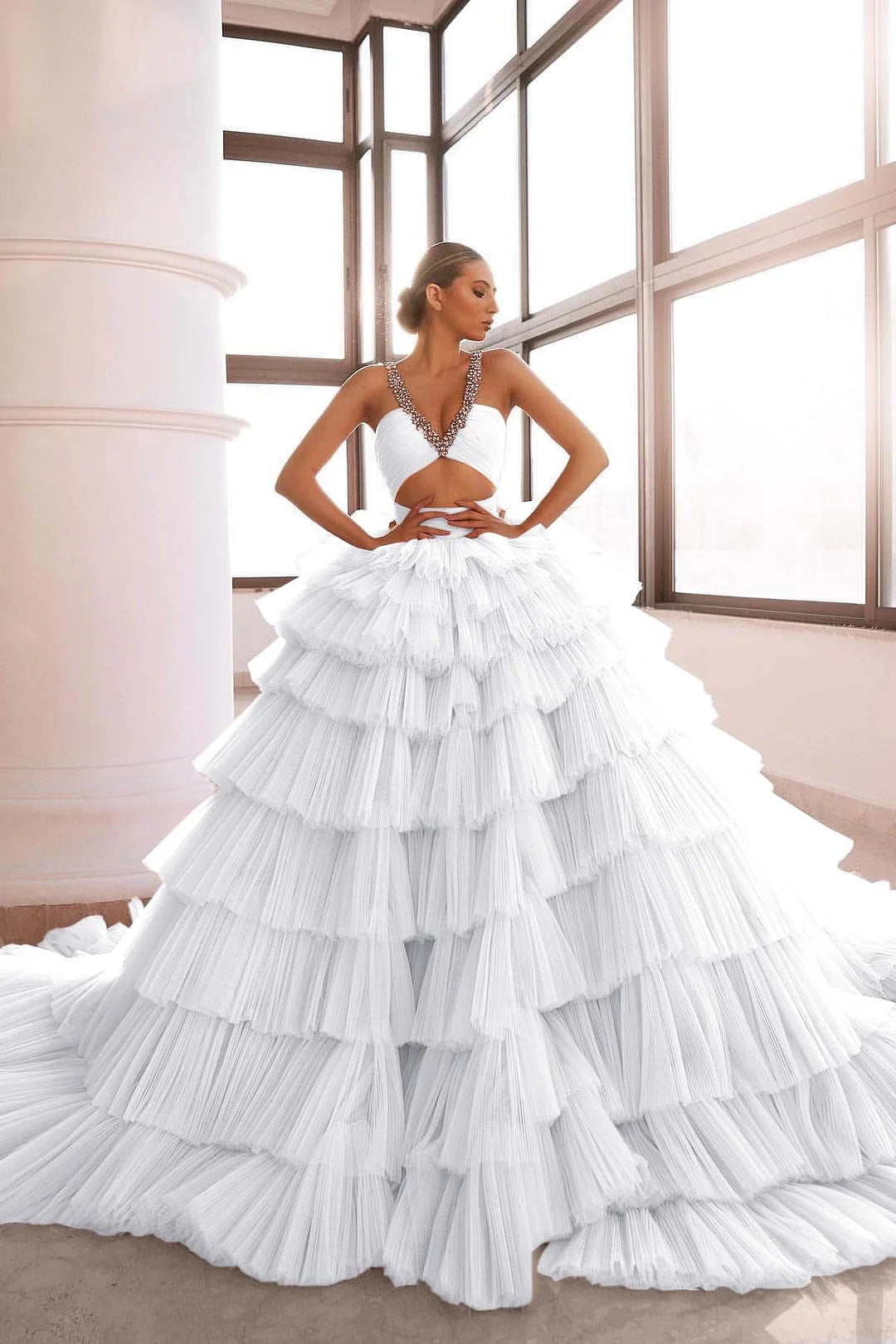 Luxurious One-Shoulder Sleeveless Tiered White Wedding Dress