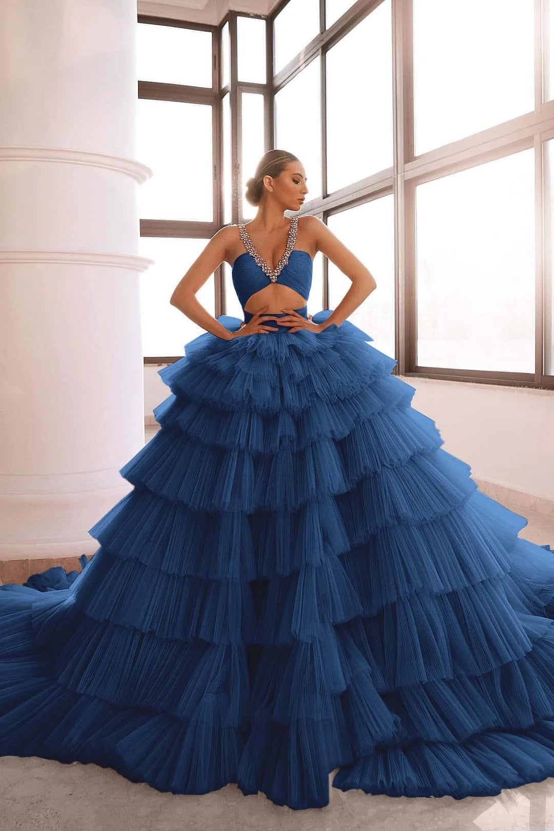 Luxurious One-Shoulder Sleeveless Tiered White Wedding Dress