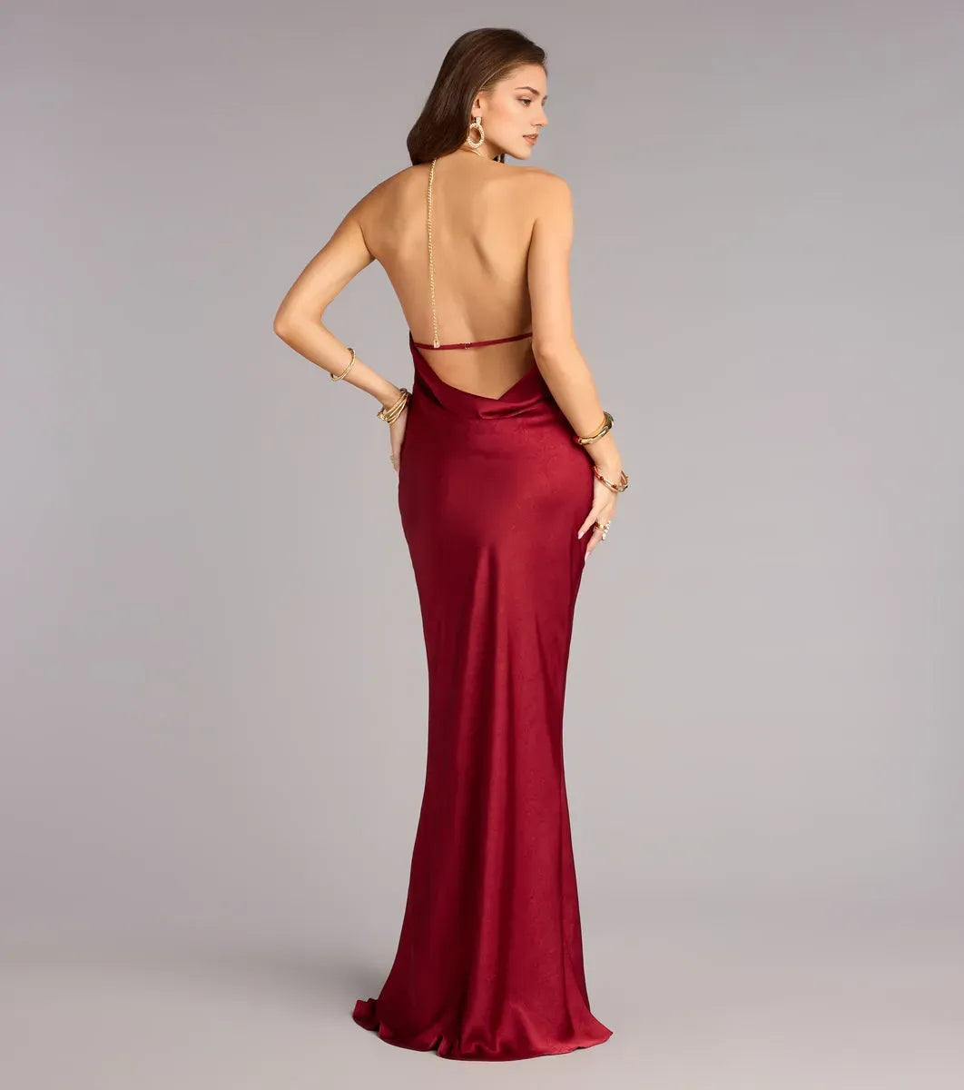 Luxurious Red Sheath Halter-Neck Chain-Strap Open-Back Floor-Length Satin Prom Dress