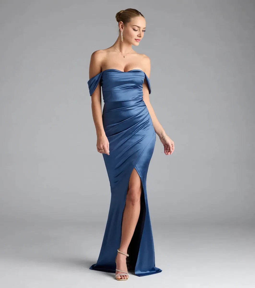Luxurious Teal Mermaid Off-the-Shoulder Sleeveless Back Zip Floor-Length pleated Satin Prom Dresses with Slit