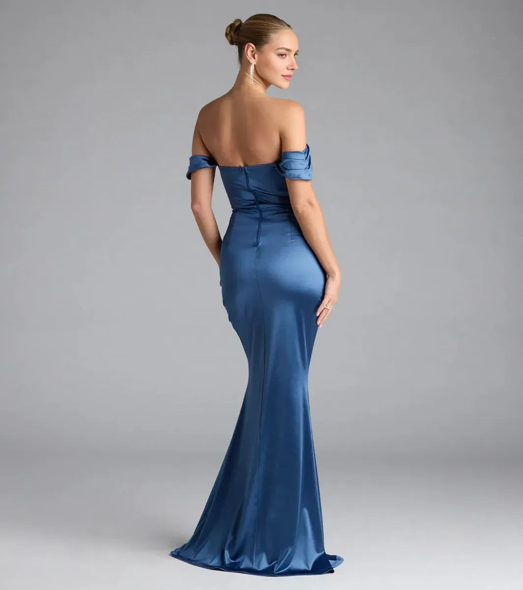Luxurious Teal Mermaid Off-the-Shoulder Sleeveless Back Zip Floor-Length pleated Satin Prom Dresses with Slit
