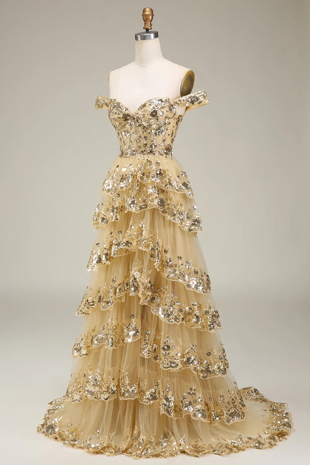 Luxurious Tiered Off-the-Shoulder Sequin Champagne Long Prom Dress