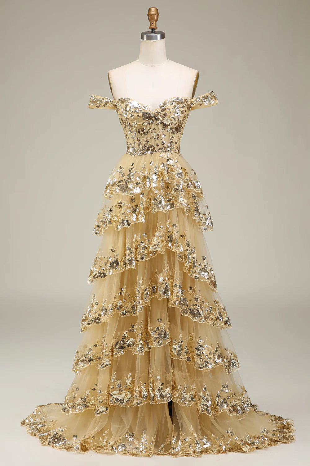 Luxurious Tiered Off-the-Shoulder Sequin Champagne Long Prom Dress