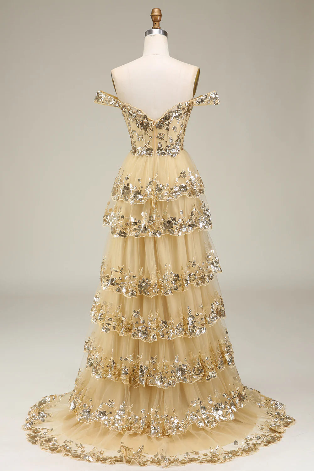 Luxurious Tiered Off-the-Shoulder Sequin Champagne Long Prom Dress