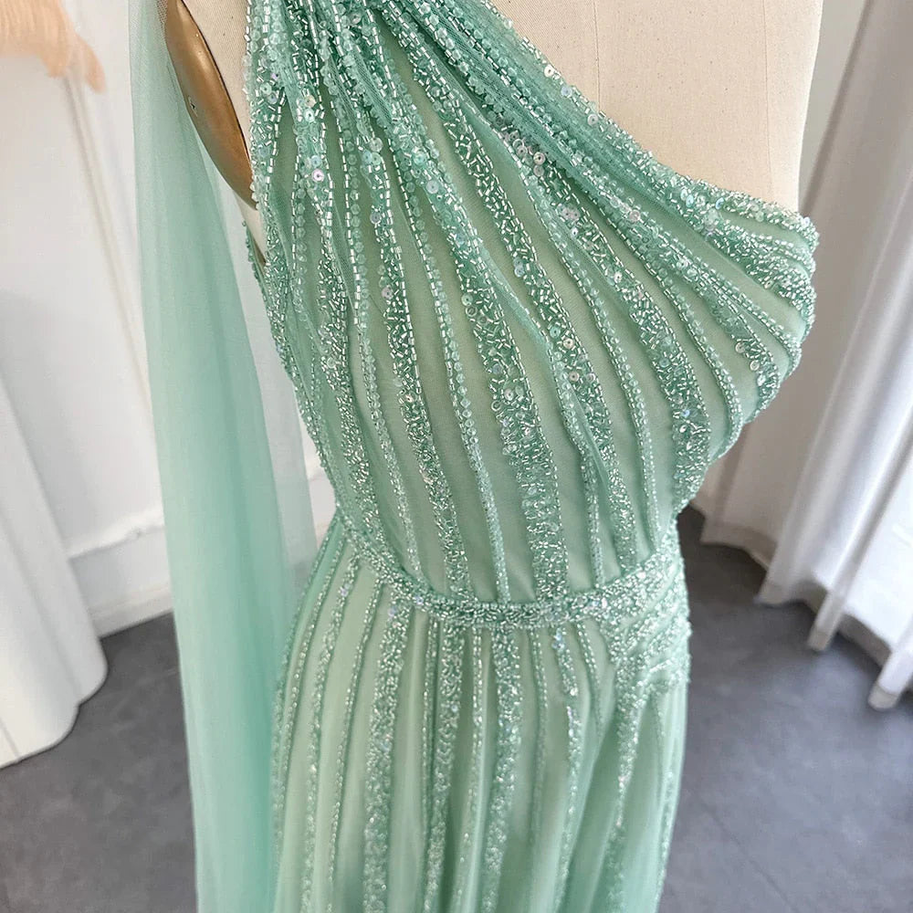 DingJiDress Prom Dress Luxury One Shoulder Tulle Beaded Slit with Cape