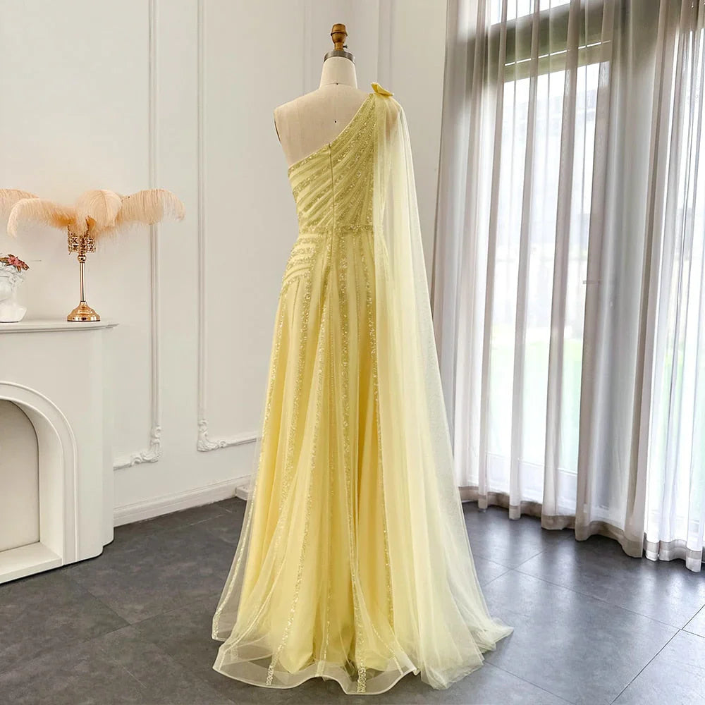 DingJiDress Prom Dress Luxury One Shoulder Tulle Beaded Slit with Cape