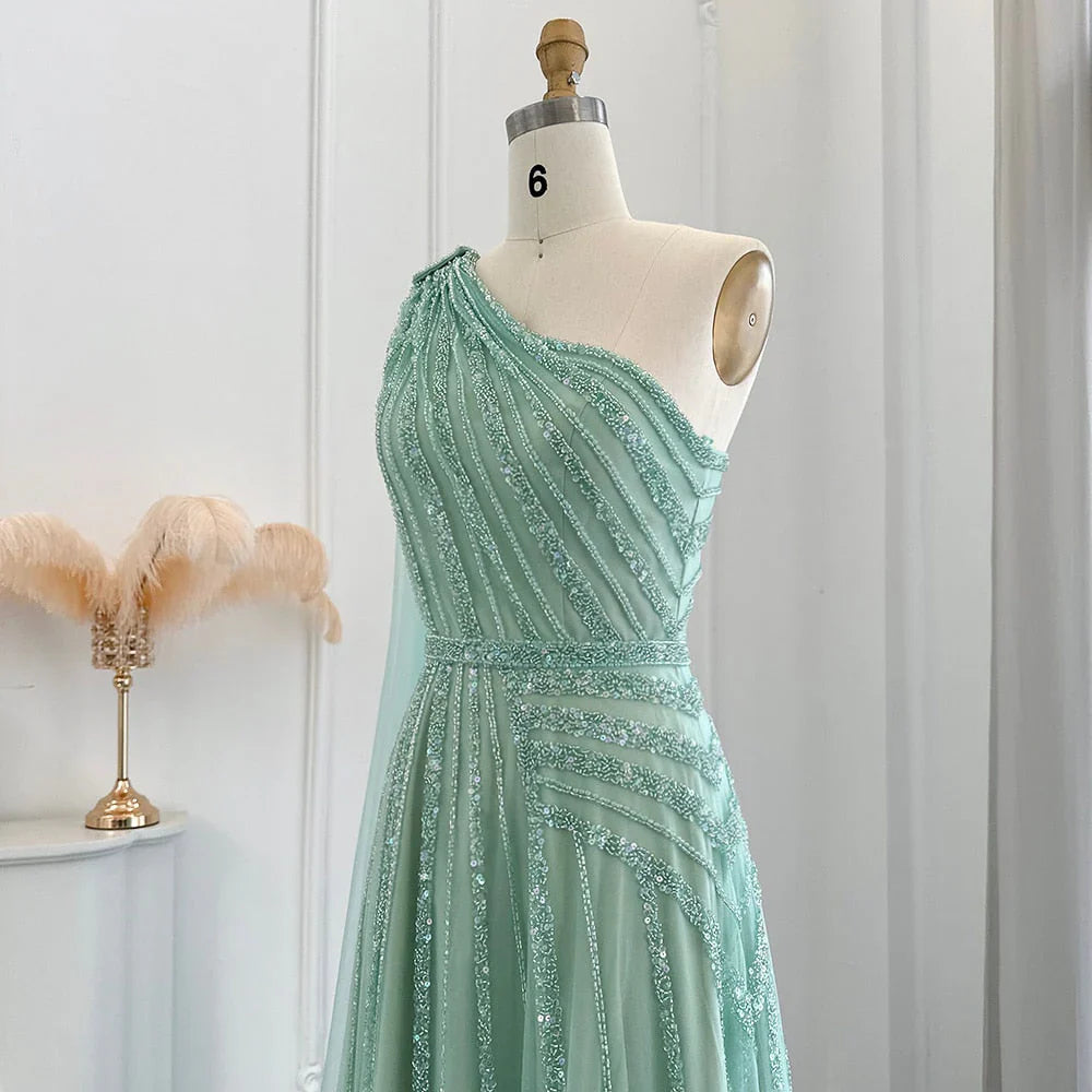 DingJiDress Prom Dress Luxury One Shoulder Tulle Beaded Slit with Cape