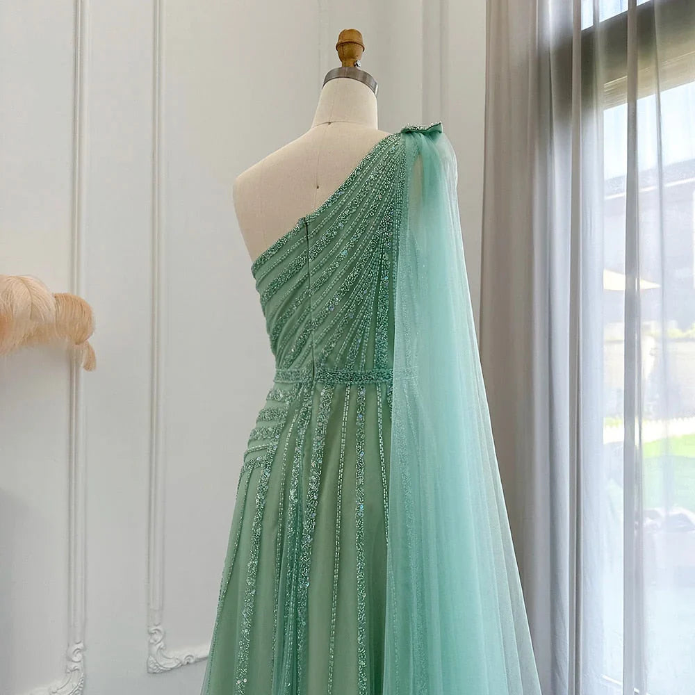 DingJiDress Prom Dress Luxury One Shoulder Tulle Beaded Slit with Cape