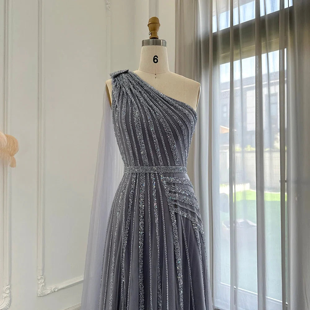 DingJiDress Prom Dress Luxury One Shoulder Tulle Beaded Slit with Cape