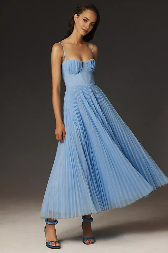 Luxury A-Line Sweetheart Neckline Spaghetti Straps Pleated Tulle Back Zip Floor-Length Prom Dress ﻿