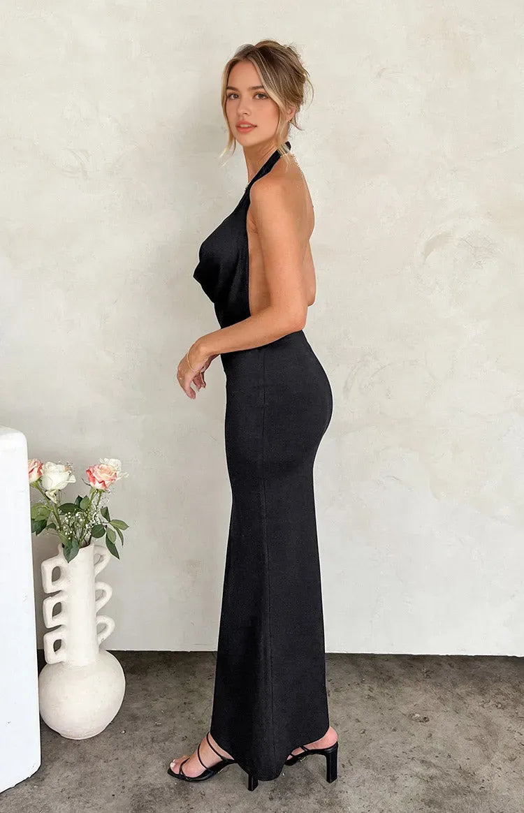 Luxury Black Satin Prom Dress Halter Neck Plunging Cowl Neckline Floor Length Silhouette for a Glamorous Seductive Look