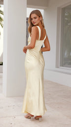 Luxury Champagne Satin Prom Gown Plunge Neck Sleeveless  Floor Length Perfect for Glamorous Nights