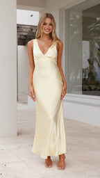 Luxury Champagne Satin Prom Gown Plunge Neck Sleeveless  Floor Length Perfect for Glamorous Nights