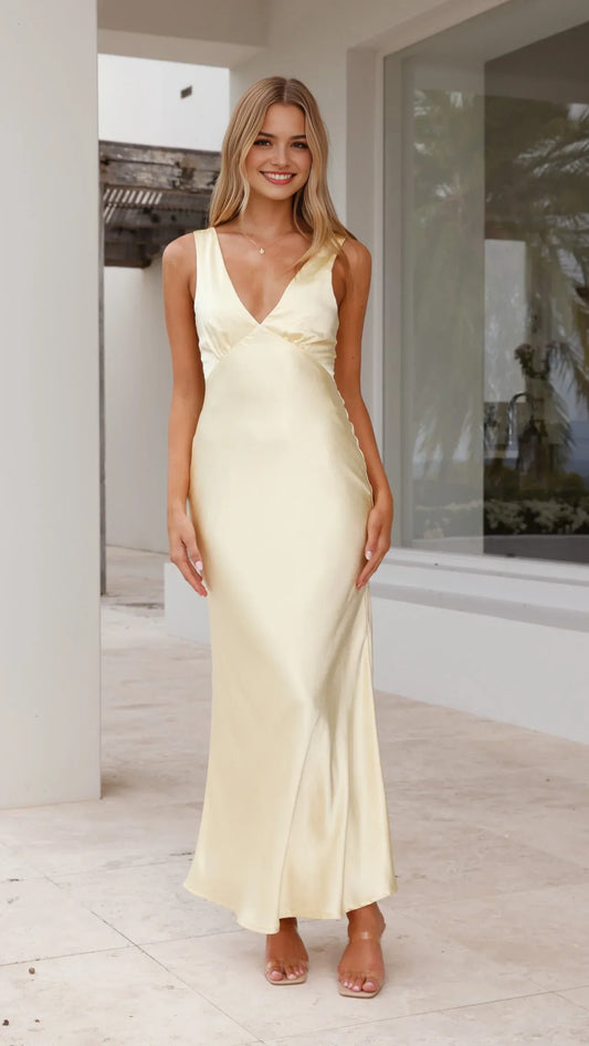 Luxury Champagne Satin Prom Gown Plunge Neck Sleeveless  Floor Length Perfect for Glamorous Nights