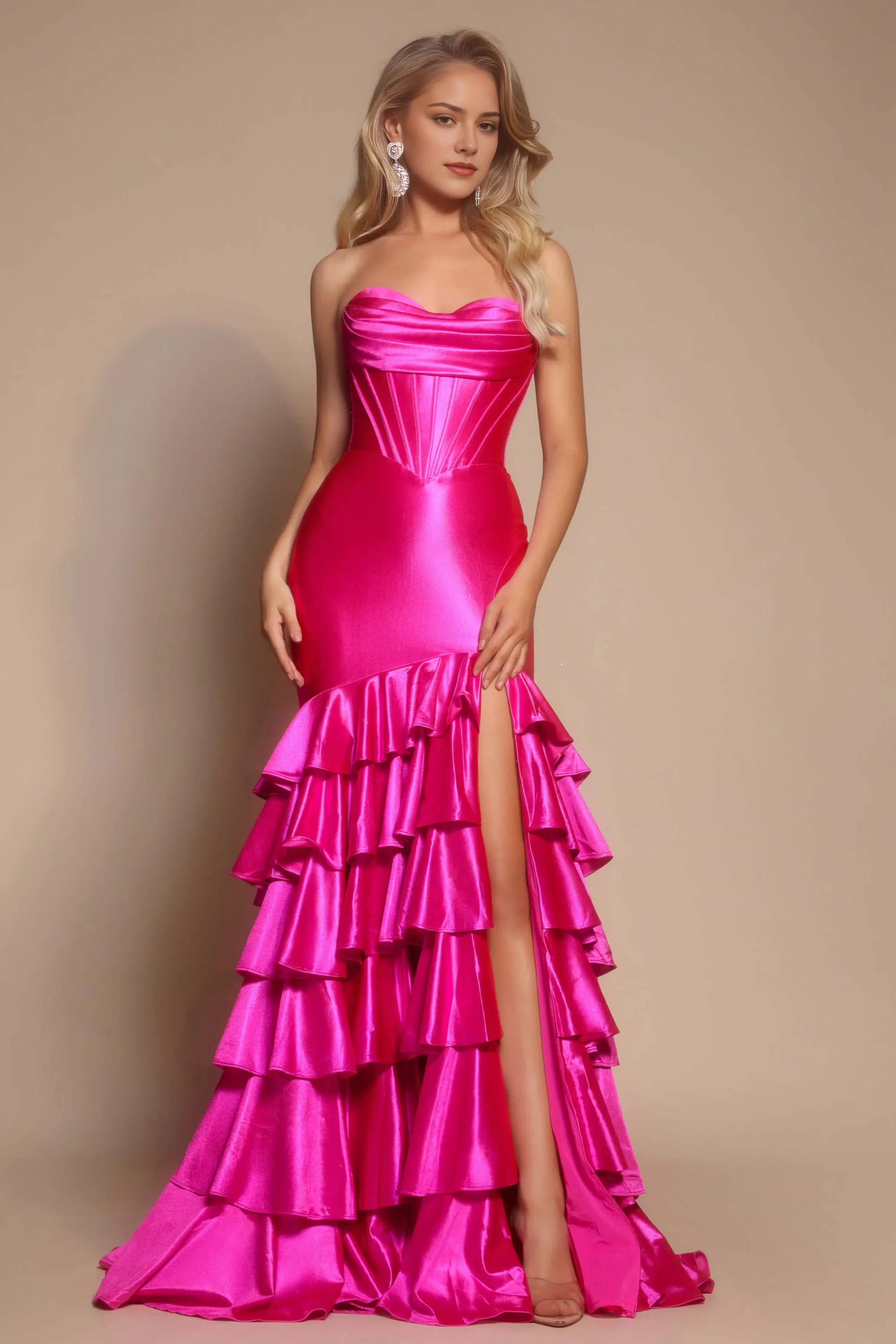 Luxury Fuchsia Mermaid Cowl Neck Strapless Tiered Ruffle Back Zip Floor-Length Satin Slit Prom Dress
