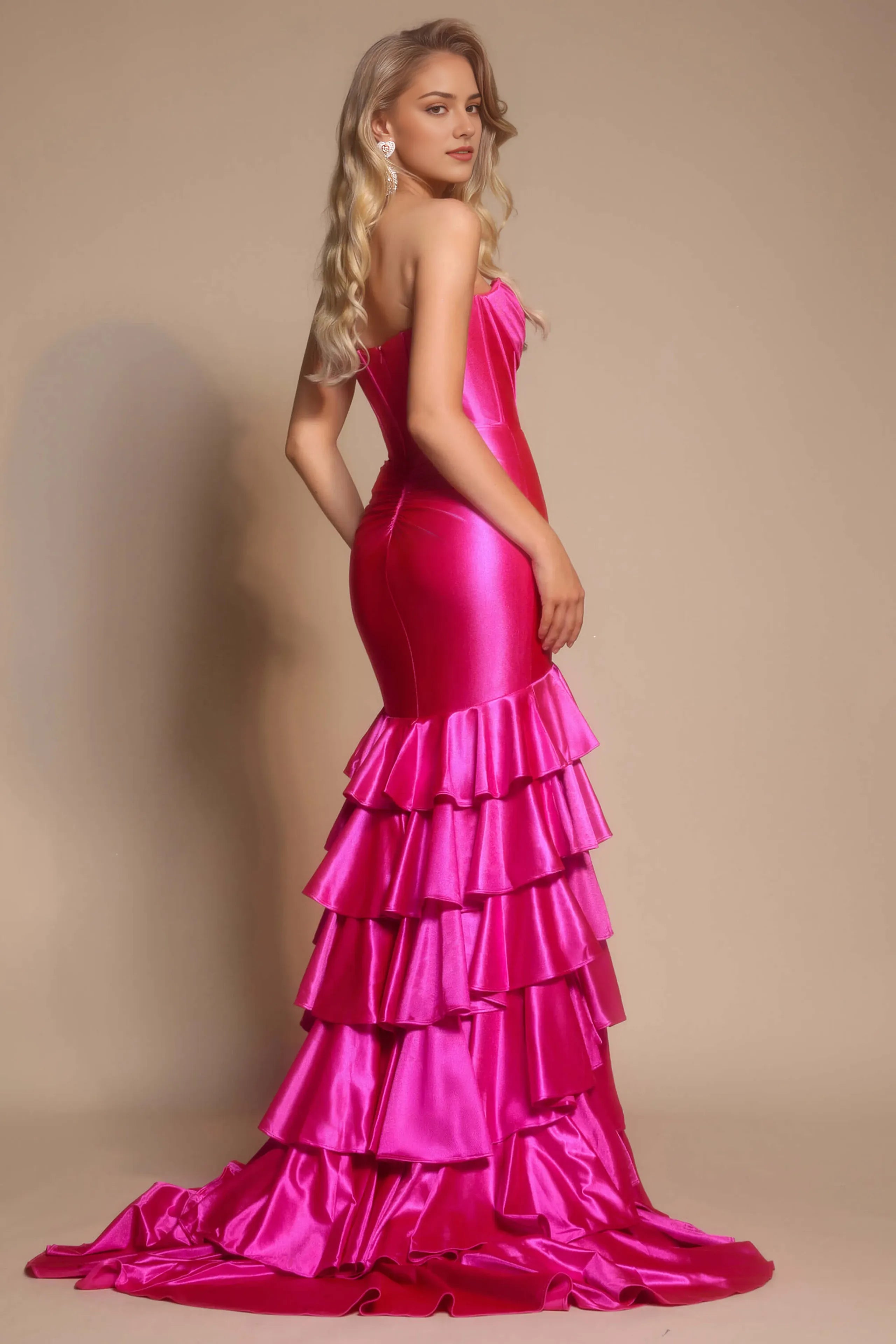 Luxury Fuchsia Mermaid Cowl Neck Strapless Tiered Ruffle Back Zip Floor-Length Satin Slit Prom Dress