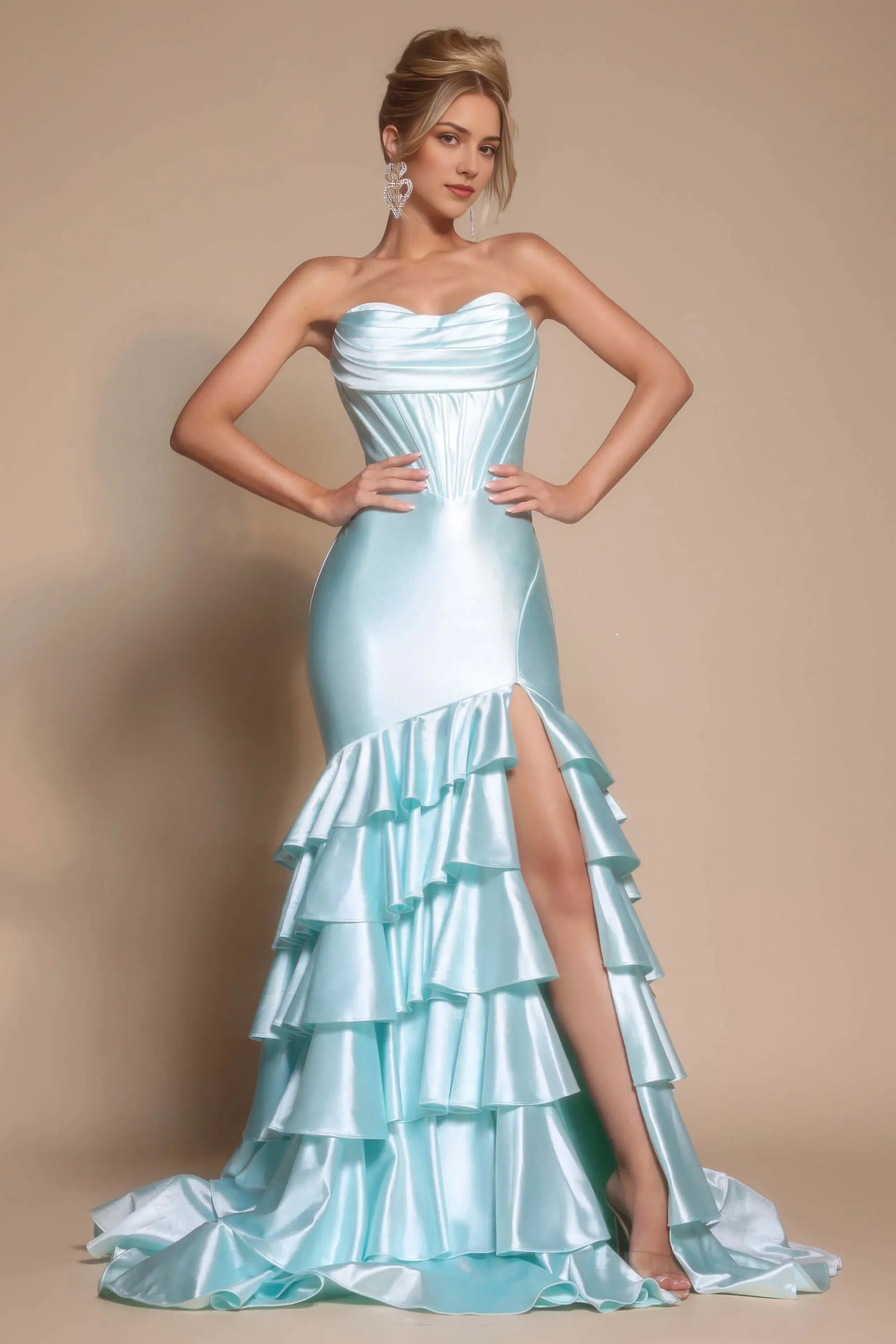 Luxury Fuchsia Mermaid Cowl Neck Strapless Tiered Ruffle Back Zip Floor-Length Satin Slit Prom Dress