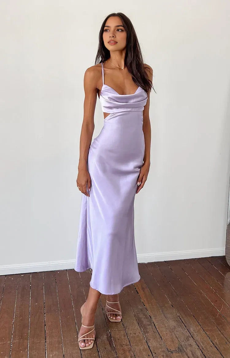 Luxury Lavender Satin Prom Dress Cowl Neck Spaghetti Straps Side Cutout for a High End Glamorous Appeal