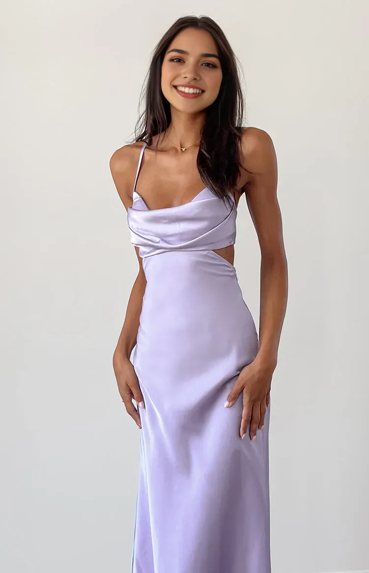 Luxury Lavender Satin Prom Dress Cowl Neck Spaghetti Straps Side Cutout for a High End Glamorous Appeal