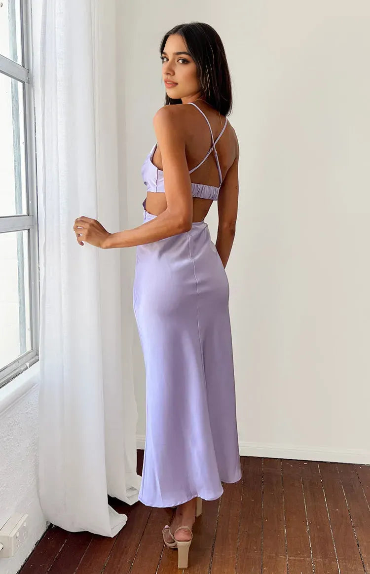 Luxury Lavender Satin Prom Dress Cowl Neck Spaghetti Straps Side Cutout for a High End Glamorous Appeal