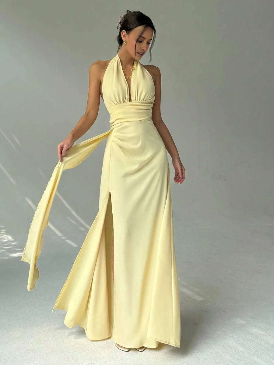 Luxury Light Yellow A-Line Halter Neck Sleeveless Open Back Draped-Tie Floor-Length High Slit Satin Prom Dresses