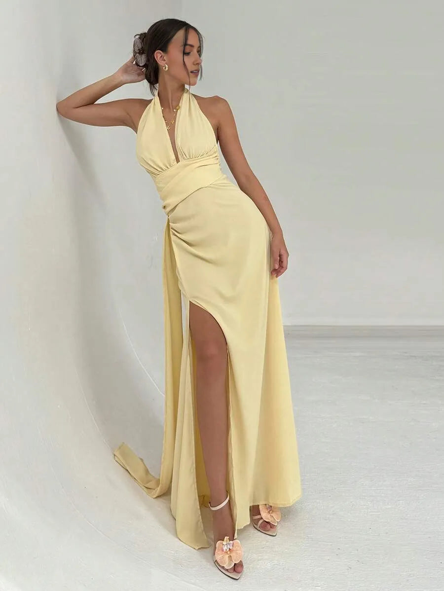 Luxury Light Yellow A-Line Halter Neck Sleeveless Open Back Draped-Tie Floor-Length High Slit Satin Prom Dresses