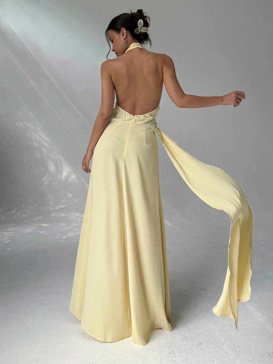 Luxury Light Yellow A-Line Halter Neck Sleeveless Open Back Draped-Tie Floor-Length High Slit Satin Prom Dresses