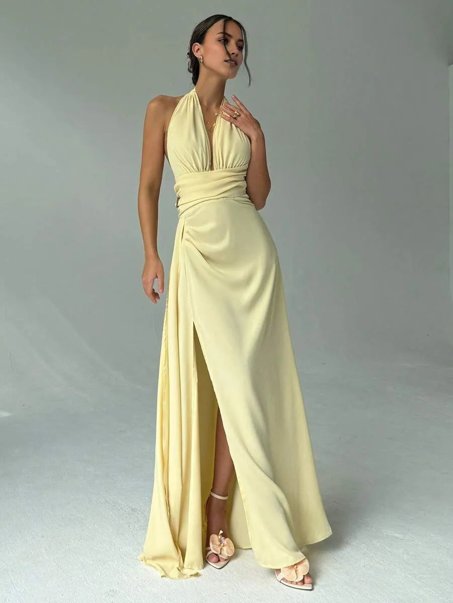 Luxury Light Yellow A-Line Halter Neck Sleeveless Open Back Draped-Tie Floor-Length High Slit Satin Prom Dresses