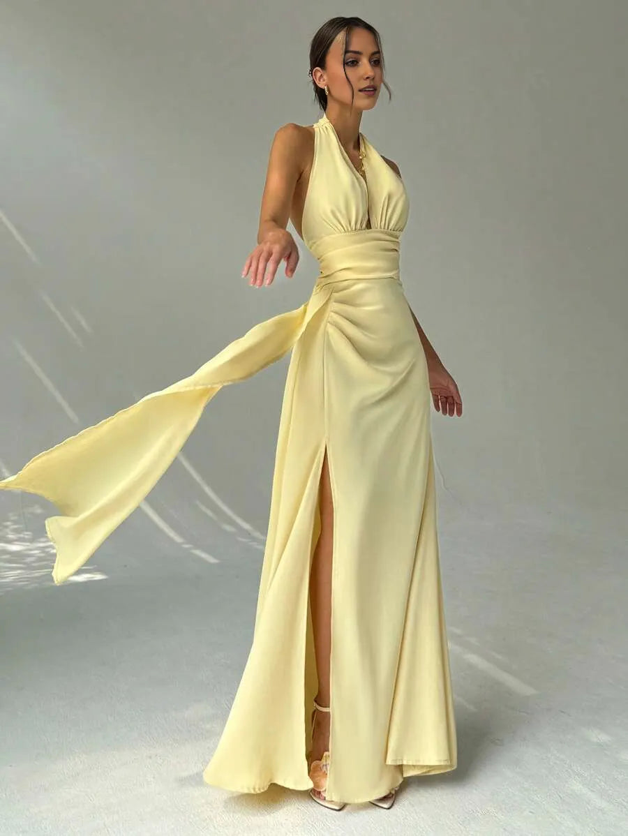 Luxury Light Yellow A-Line Halter Neck Sleeveless Open Back Draped-Tie Floor-Length High Slit Satin Prom Dresses