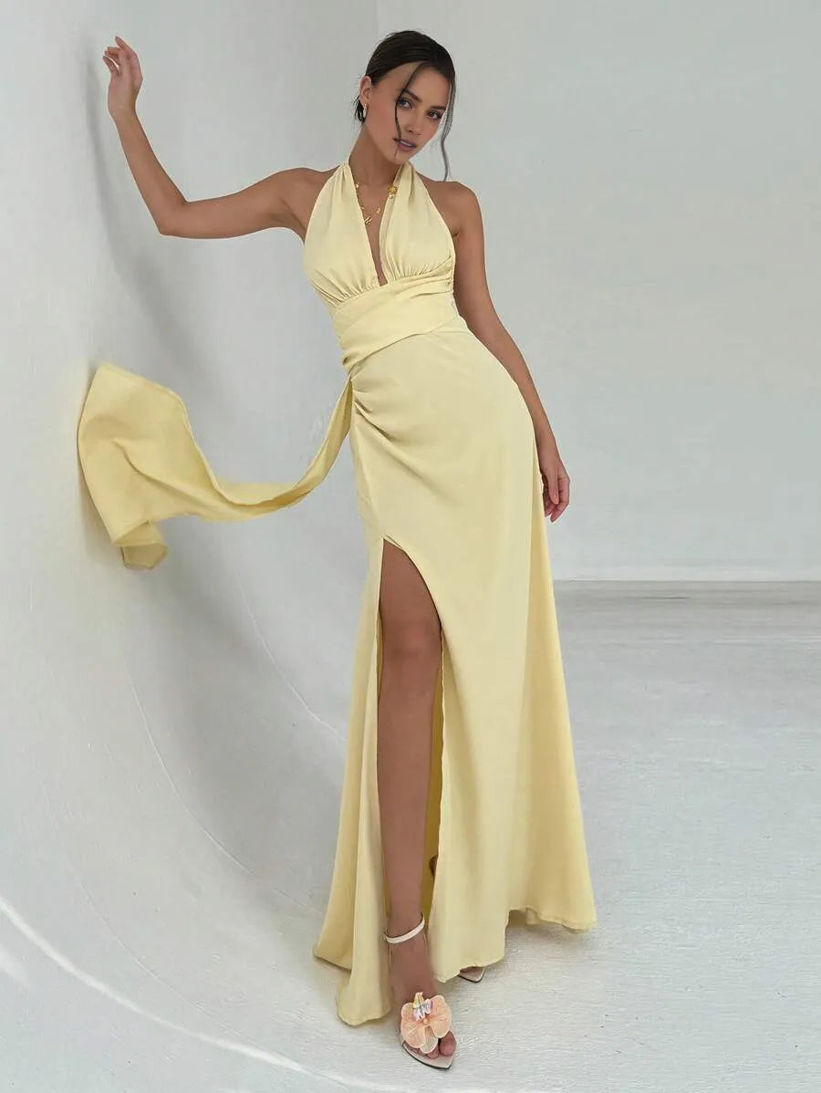 Luxury Light Yellow A-Line Halter Neck Sleeveless Open Back Draped-Tie Floor-Length High Slit Satin Prom Dresses