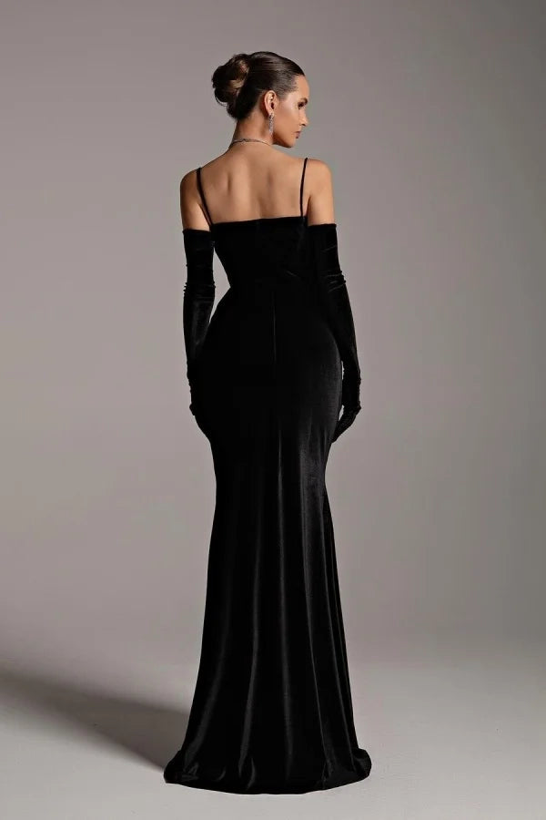 Luxury Mermaid Spaghetti Strap Velvet Black Floor-Length Evening Dress