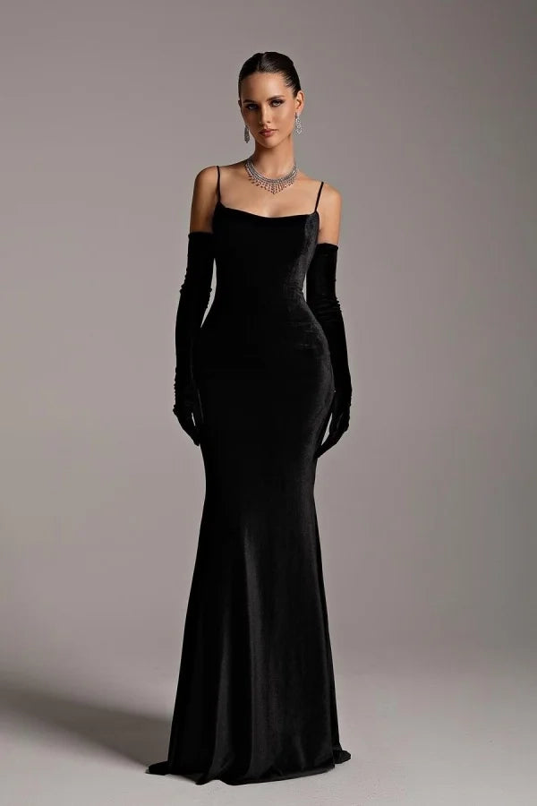 Luxury Mermaid Spaghetti Strap Velvet Black Floor-Length Evening Dress