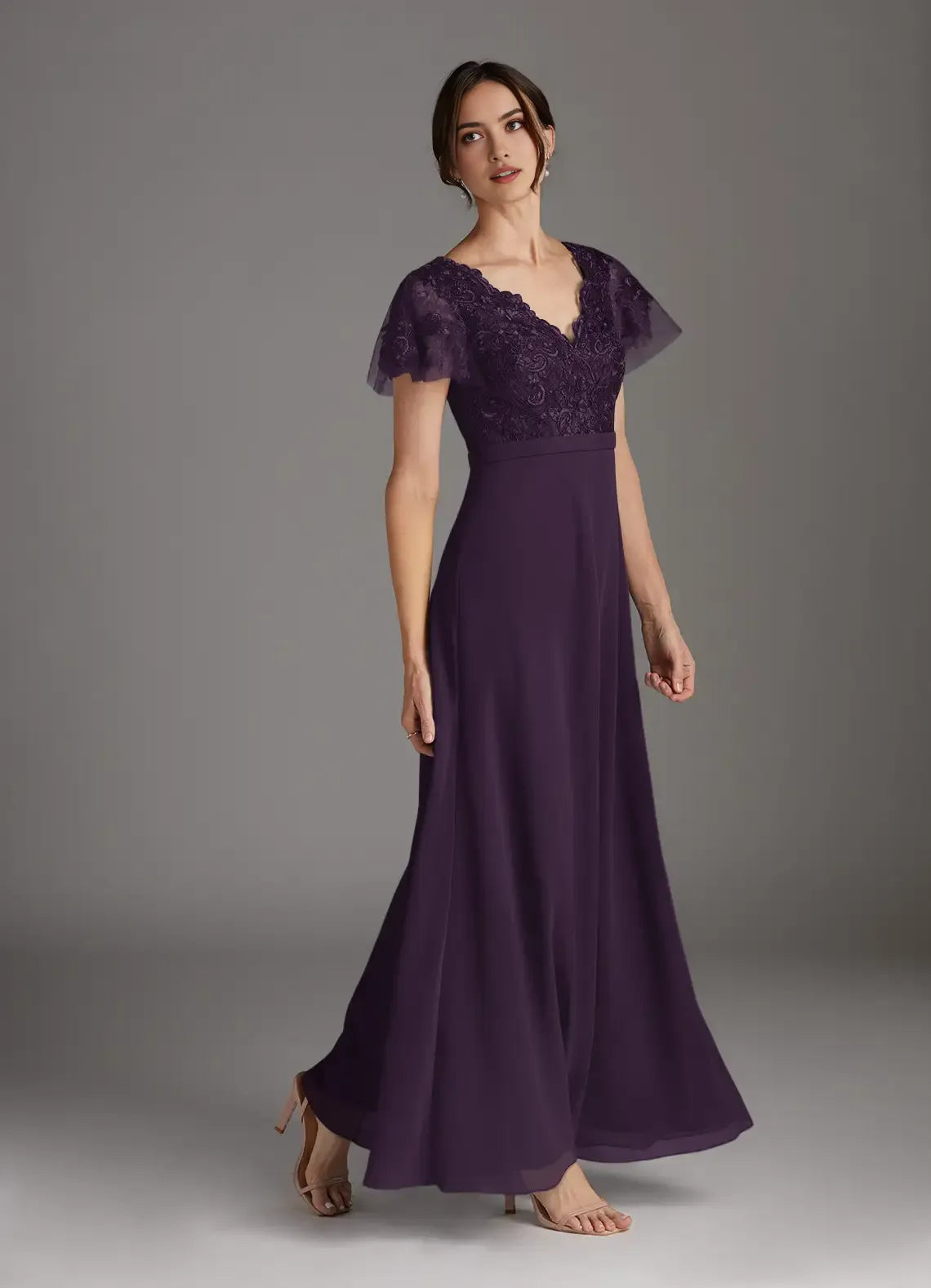 Luxury Plum A-Line V-Neck Lace Chiffon Mother of the Bride Dress Exquisite Hand Crafted Sheer Lace Flutter Sleeves Artfully Embroidered Bodice
