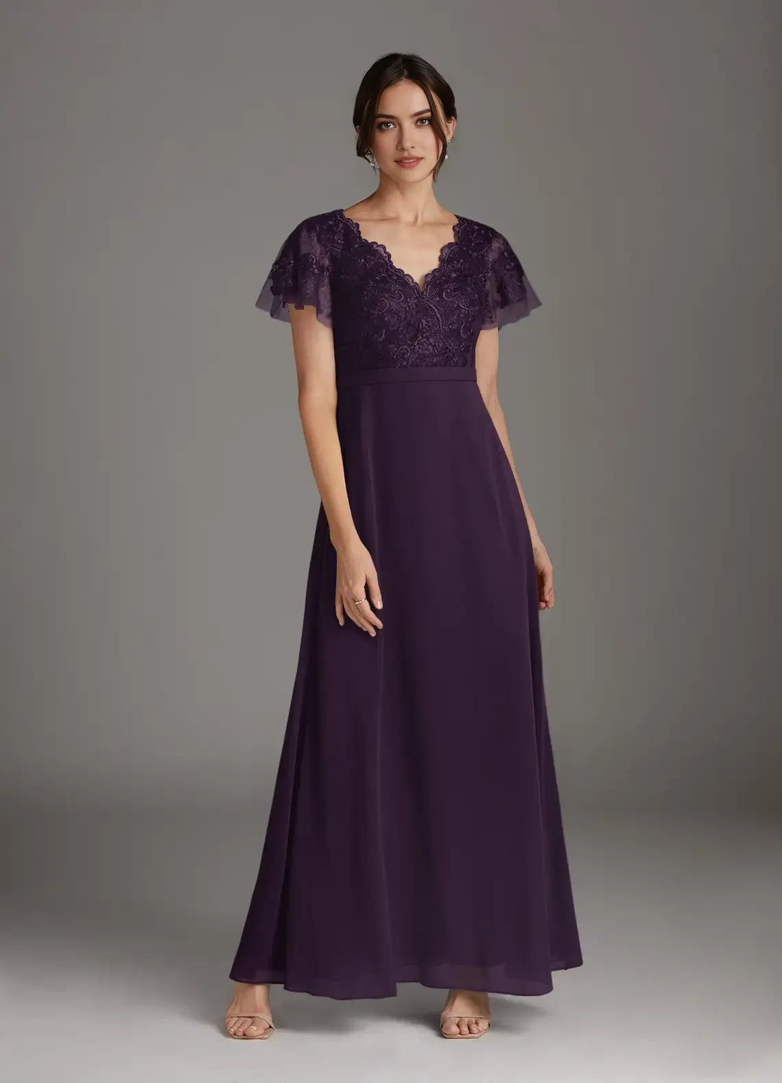 Luxury Plum A-Line V-Neck Lace Chiffon Mother of the Bride Dress Exquisite Hand Crafted Sheer Lace Flutter Sleeves Artfully Embroidered Bodice