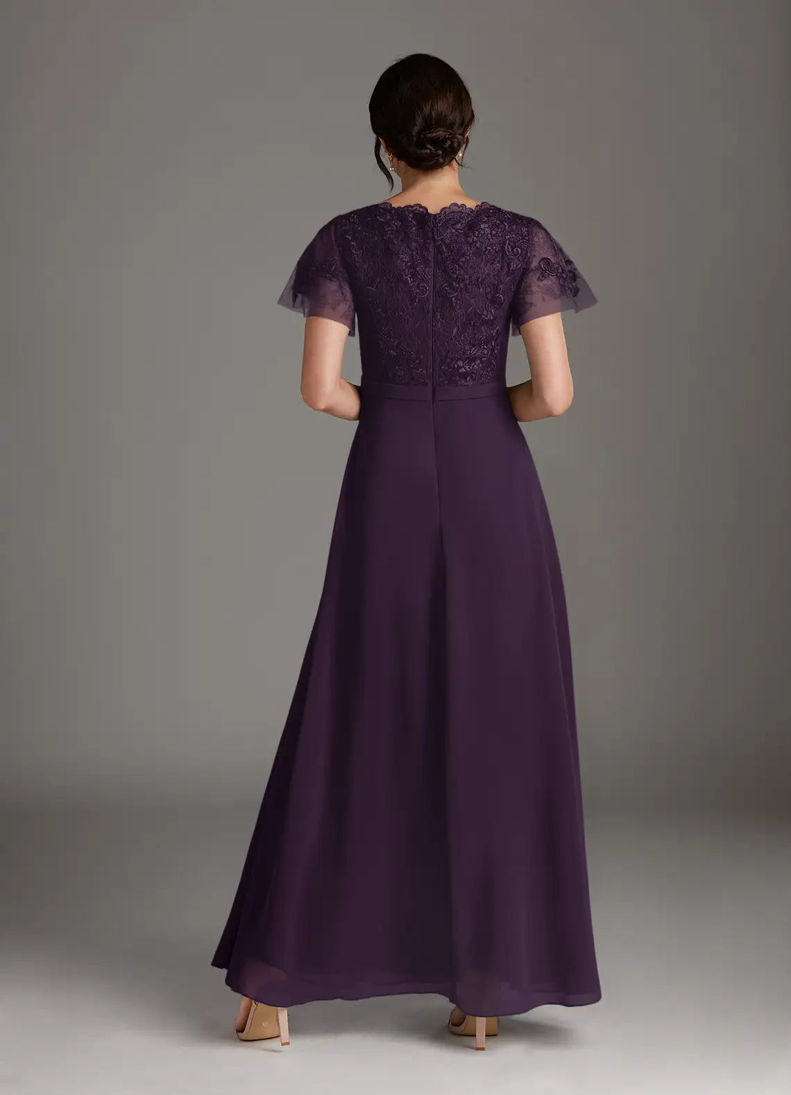 Luxury Plum A-Line V-Neck Lace Chiffon Mother of the Bride Dress Exquisite Hand Crafted Sheer Lace Flutter Sleeves Artfully Embroidered Bodice