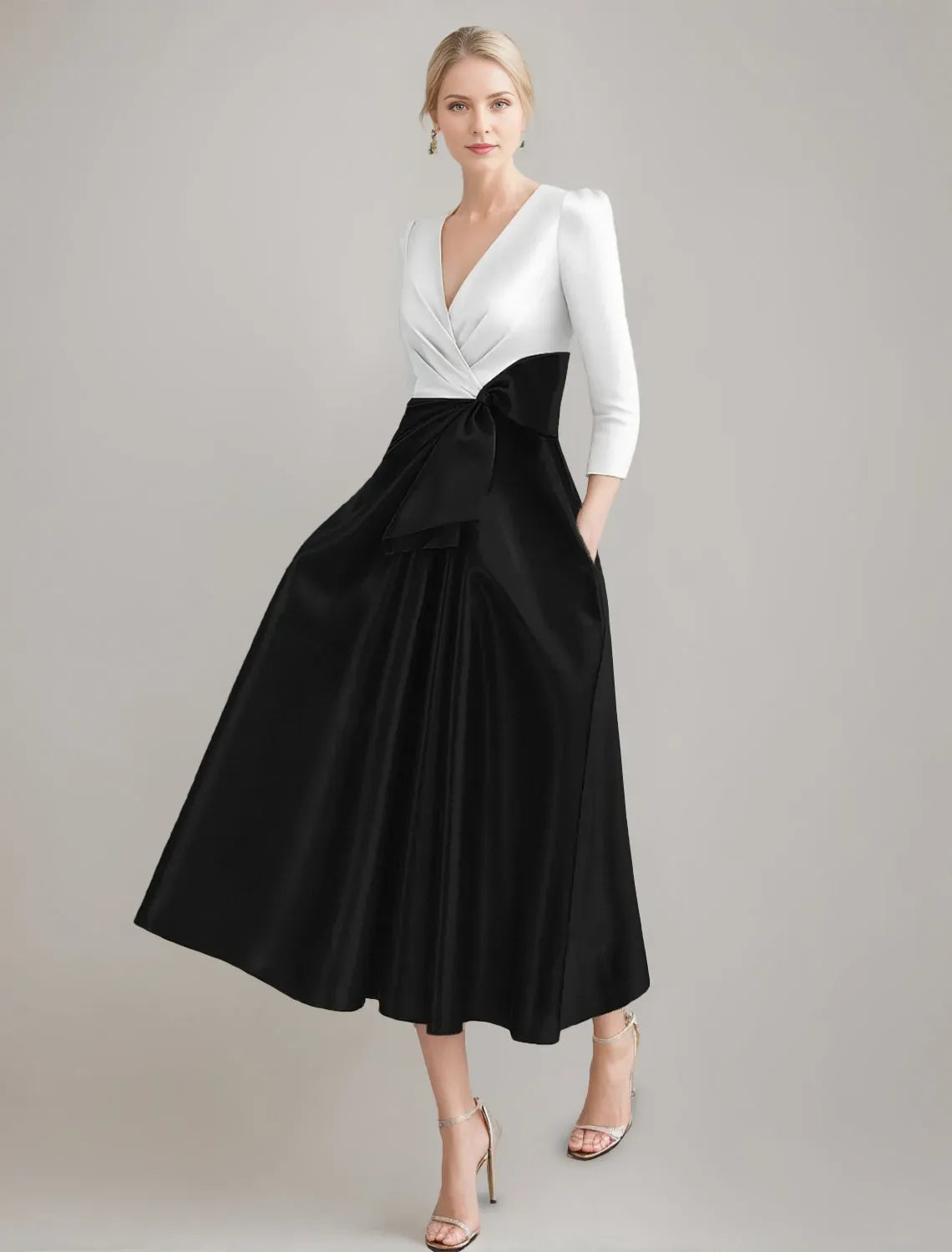 Luxury Satin A-Line V-Neck Three-Quarter-Sleeve Pleated Color-Block Bow-Waist Tea-Length Mother of the Bride Dresses