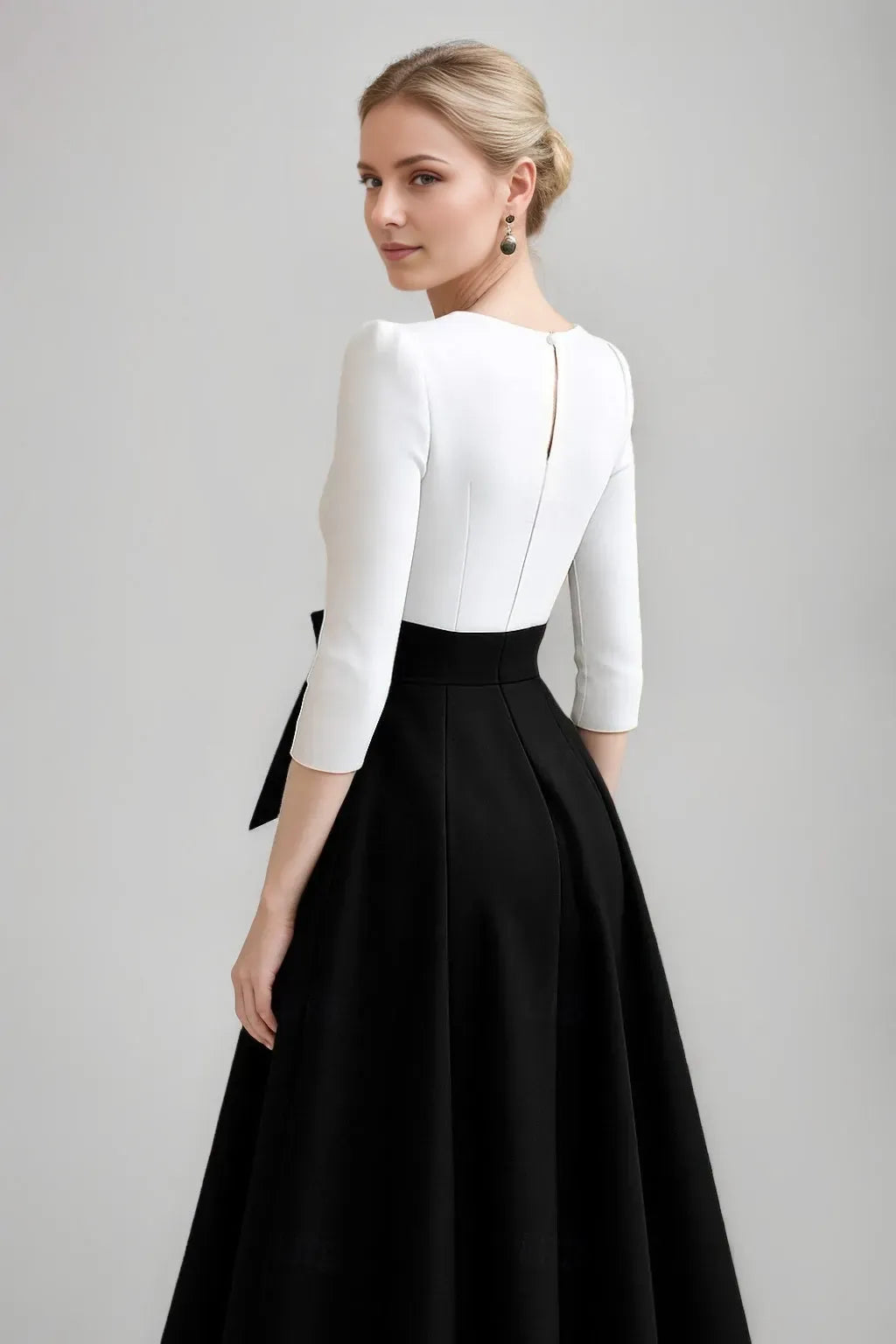 Luxury Satin A-Line V-Neck Three-Quarter-Sleeve Pleated Color-Block Bow-Waist Tea-Length Mother of the Bride Dresses