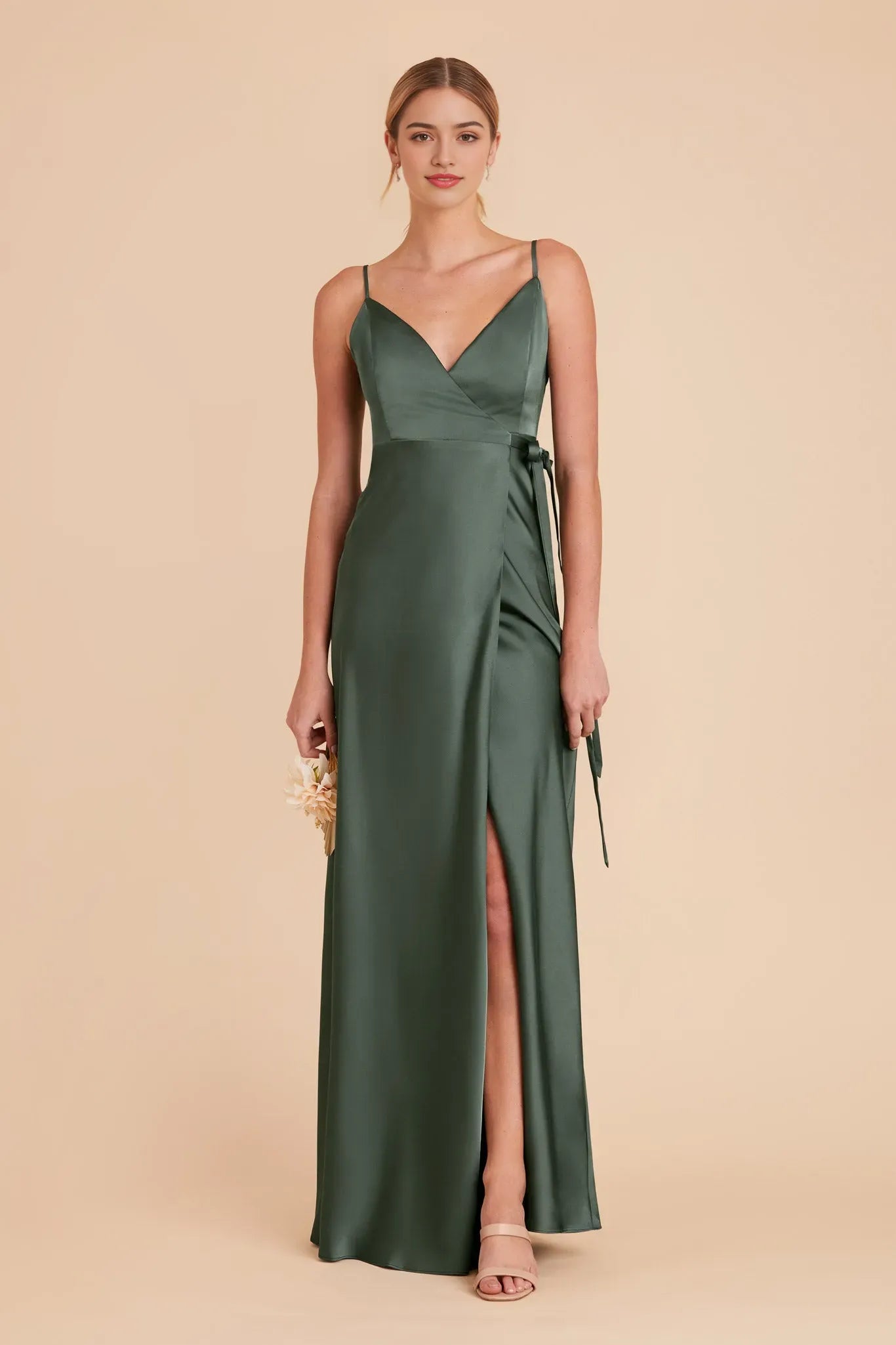 Luxury Satin Evening Gown Dark Green Wrap Front Ball Dress for Upscale Events