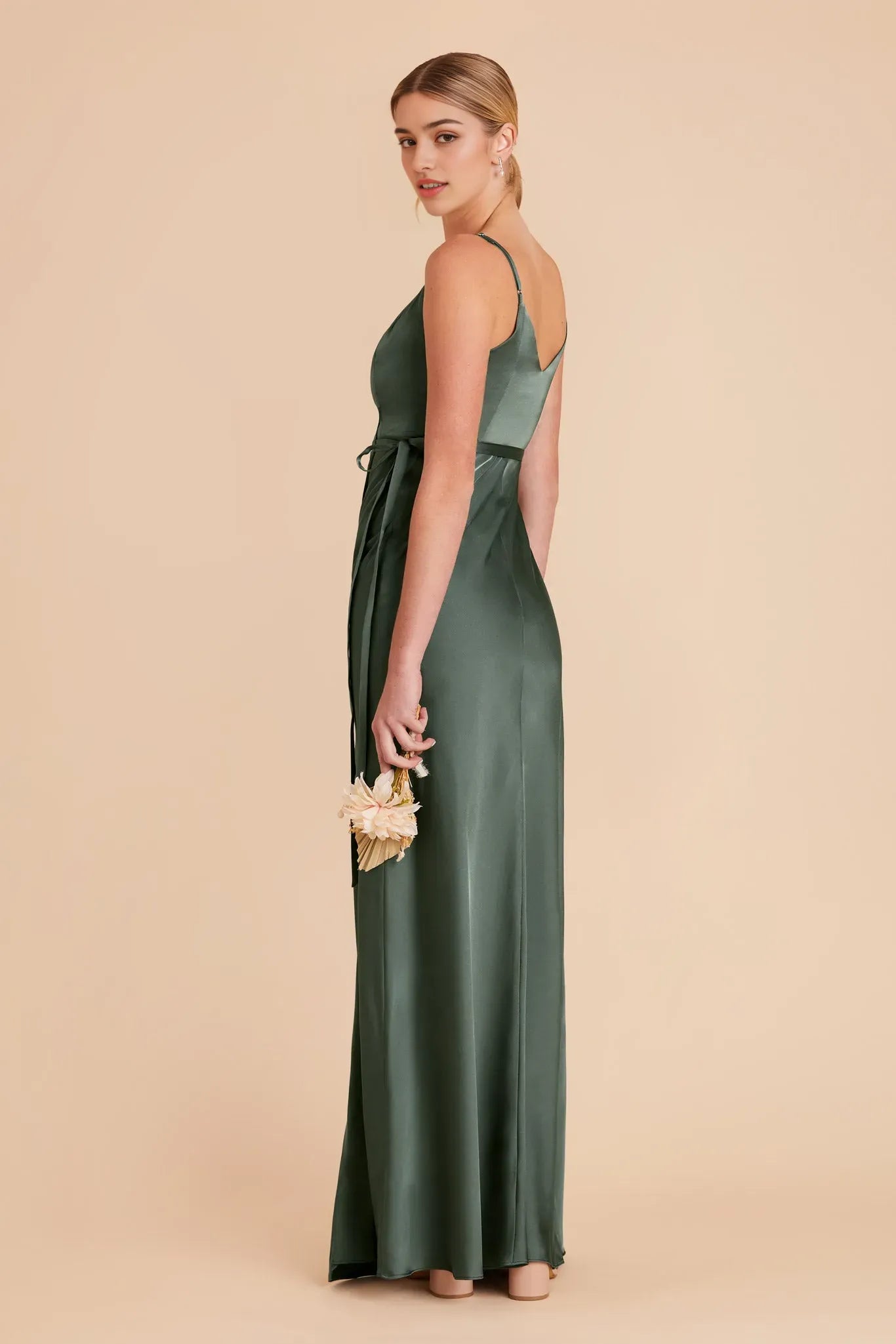 Luxury Satin Evening Gown Dark Green Wrap Front Ball Dress for Upscale Events