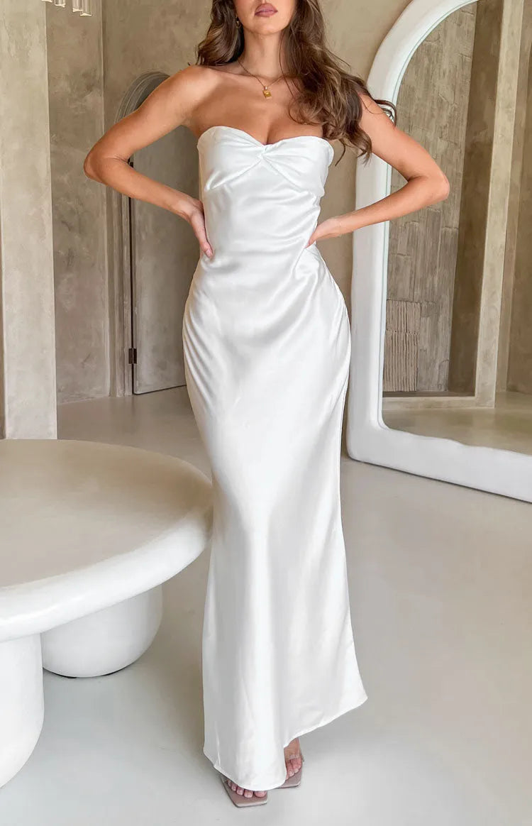 Luxury White Satin Prom Dress Strapless Ruched Detailing Maxi Silhouette for a High End Glamour