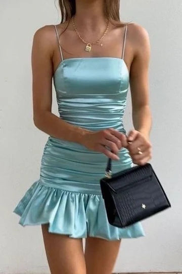 Spaghetti Straps Pleated Satin Sleeveless Short Party Homecoming Dress