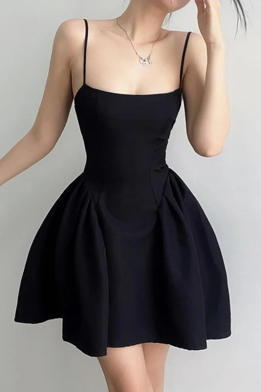 Chic Black Spaghetti Straps A-Line Scoop Satin Short Homecoming Dress
