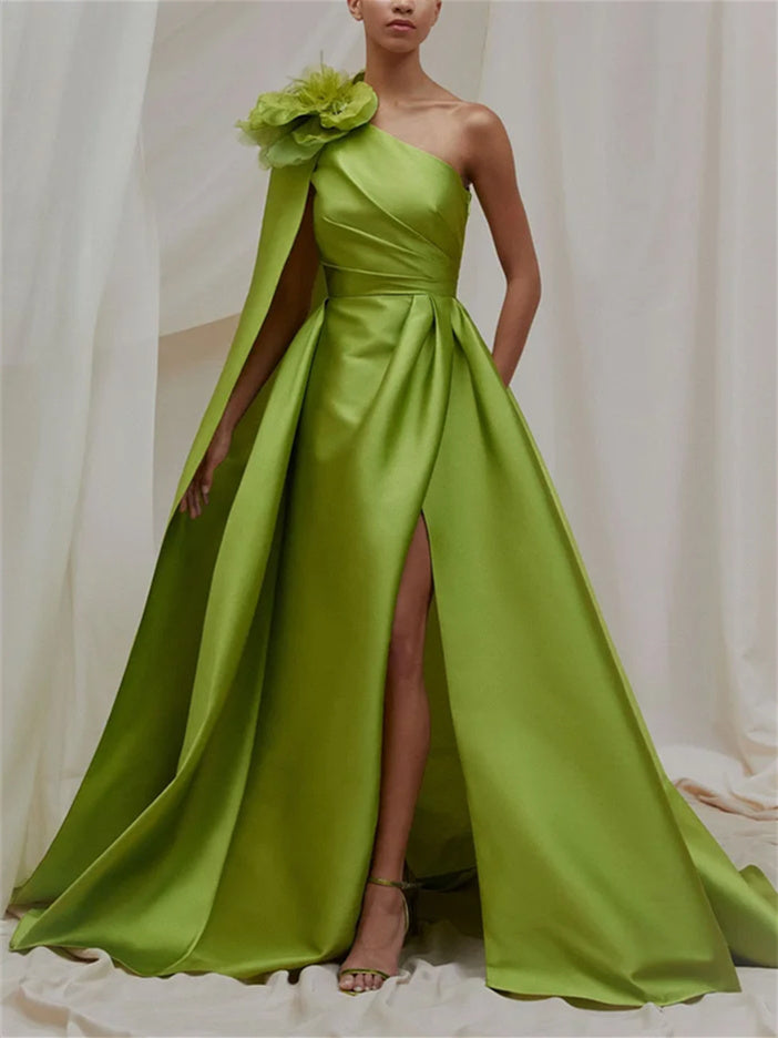 Green A-line version long slit princess one shoulder sweeping evening gown