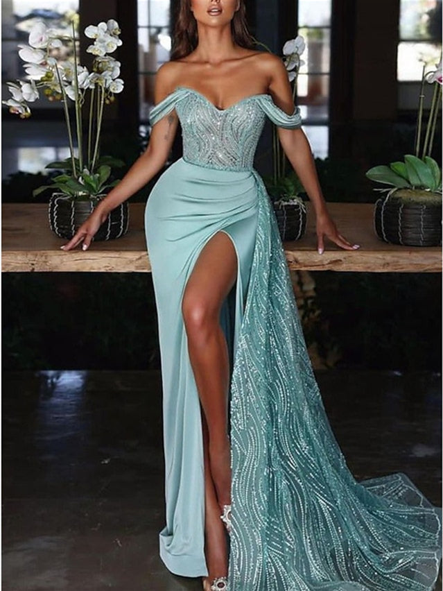 Fashionable mermaid off shoulder long slit sweetheart palace evening gown