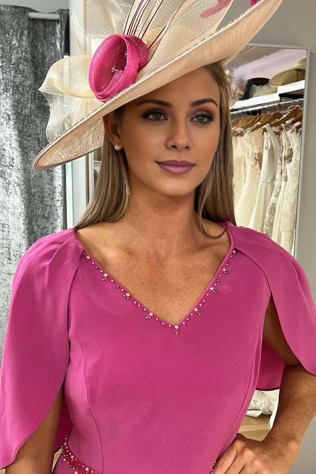 Magenta Beaded Cape Sleeve Mermaid Mother of the Bride Dress