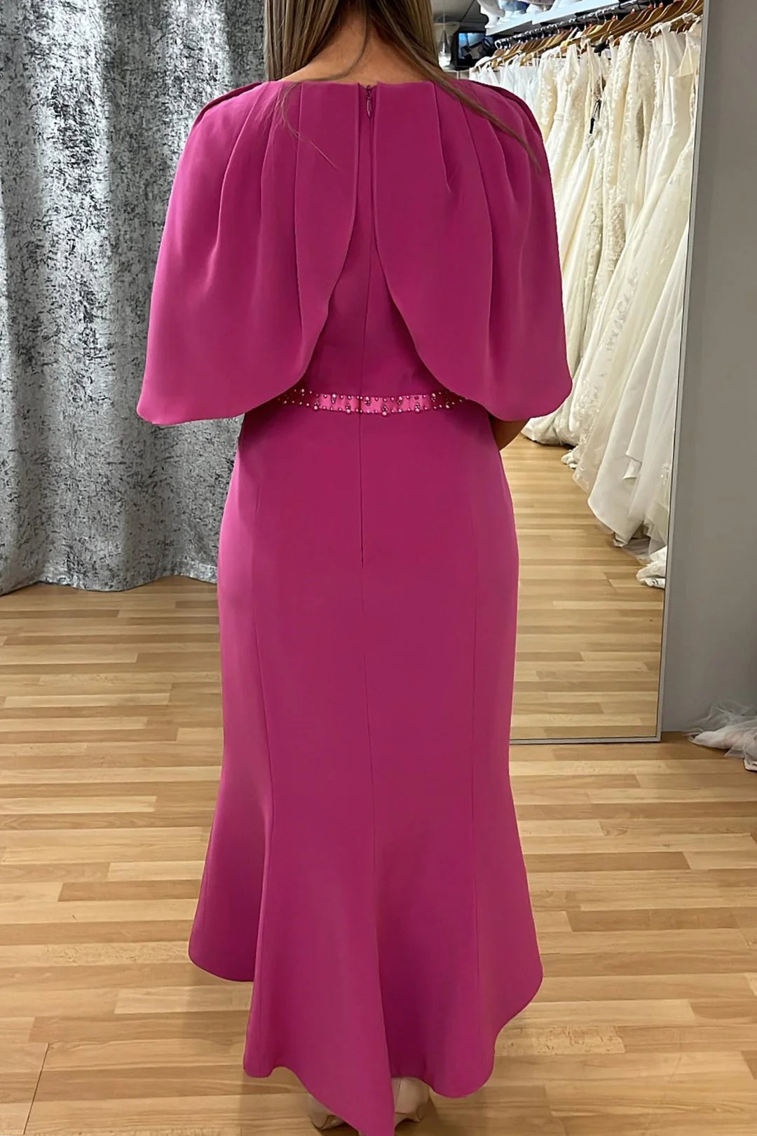 Magenta Beaded Cape Sleeve Mermaid Mother of the Bride Dress