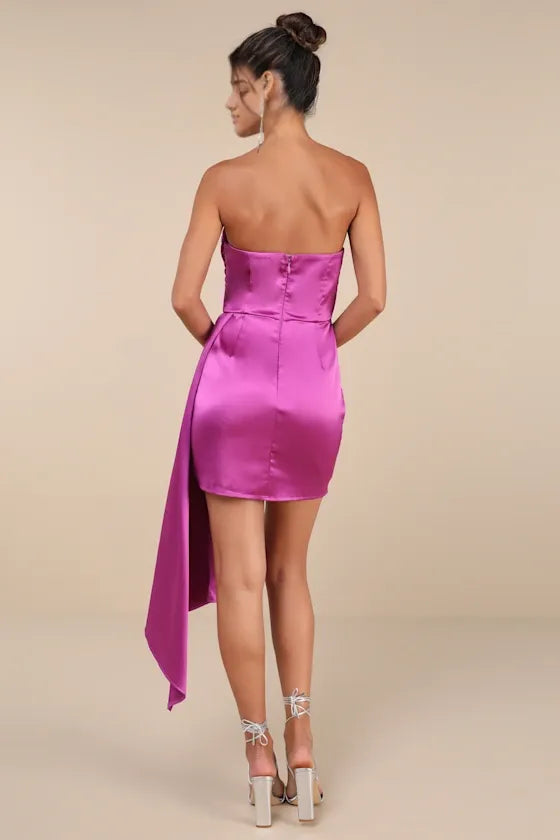 Magenta Satin Pleated Strapless Homecoming Dresses