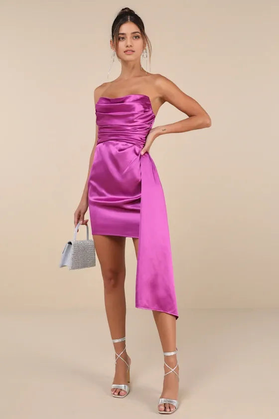 Magenta Satin Pleated Strapless Homecoming Dresses