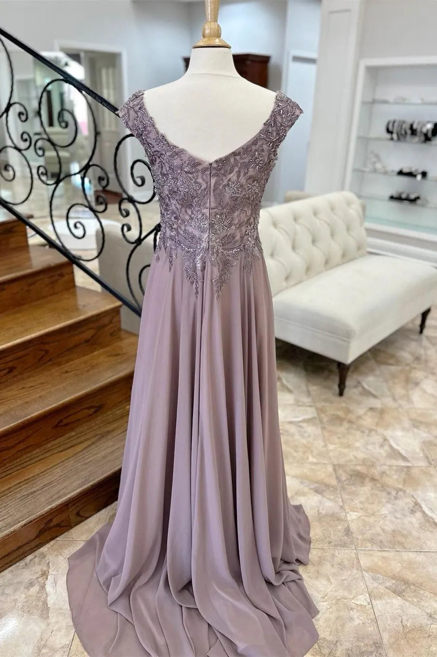Mauve Appliques Cap Sleeve A-Line Mother of the Bride Dresses