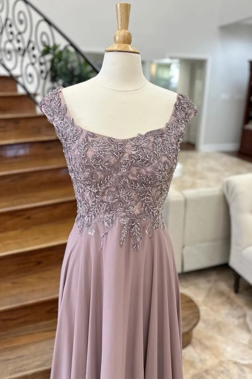 Mauve Appliques Cap Sleeve A-Line Mother of the Bride Dresses